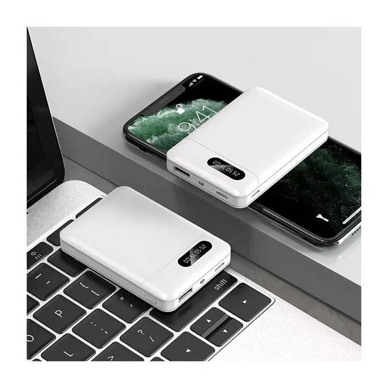 Black and white 10000mAh portable power bank with USB ports