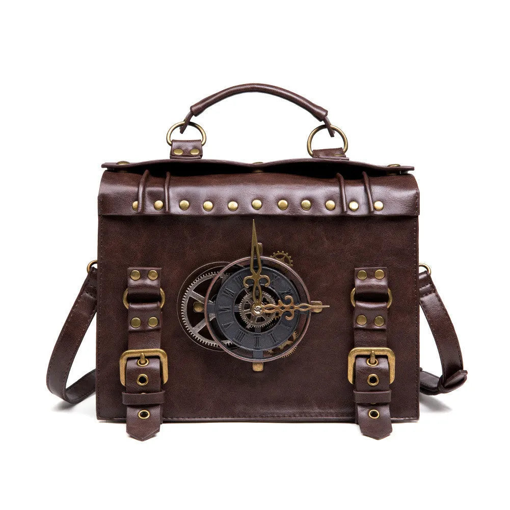 Bronze steampunk industrial retro shoulder bag with metal accents and pillow shape