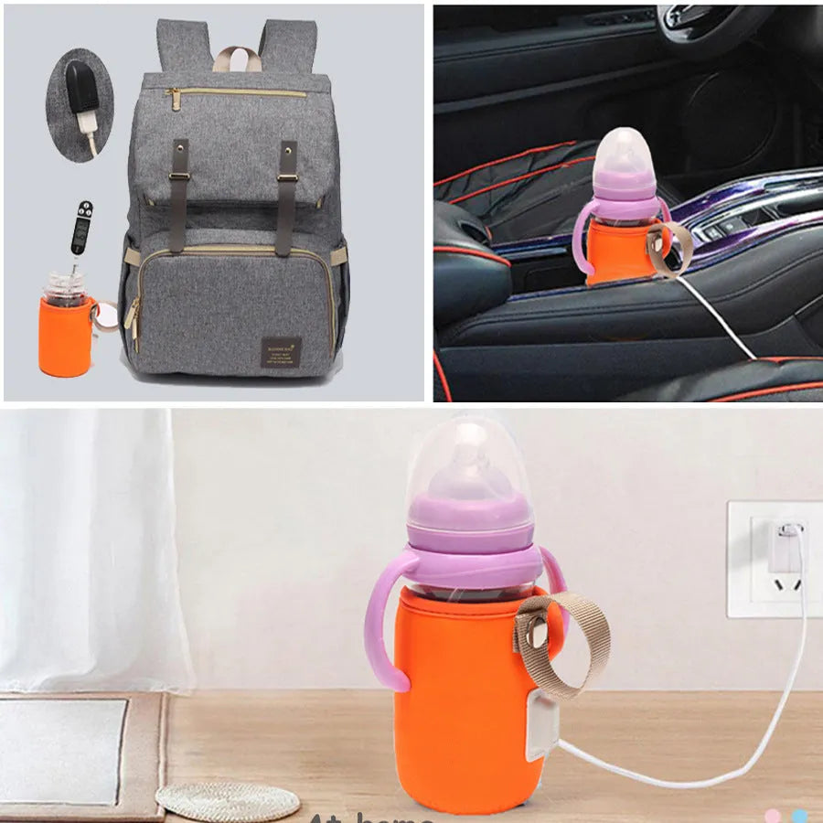Orange and blue USB-powered baby bottle warmer sleeve with cotton fabric and PC materials