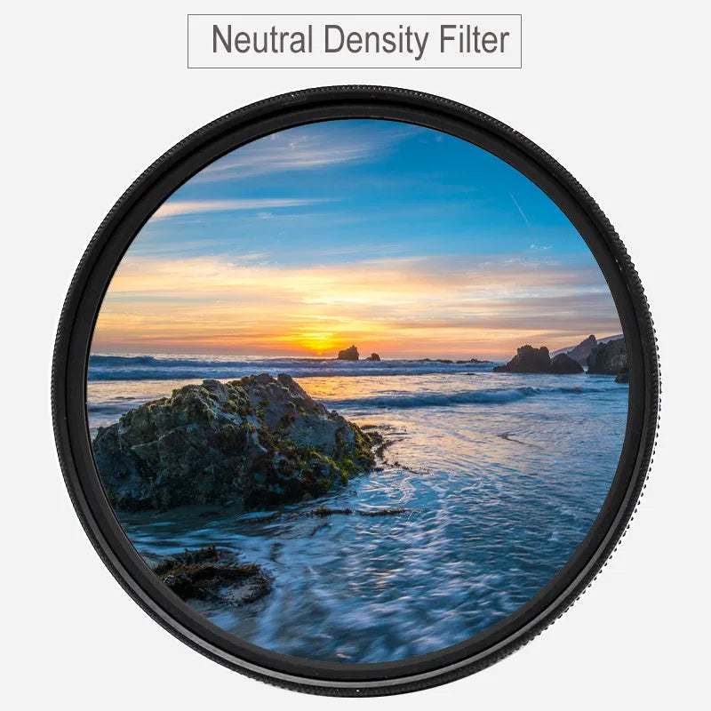 Digital camera ND8 filter in an aviation aluminium frame, shown with lens size markings.