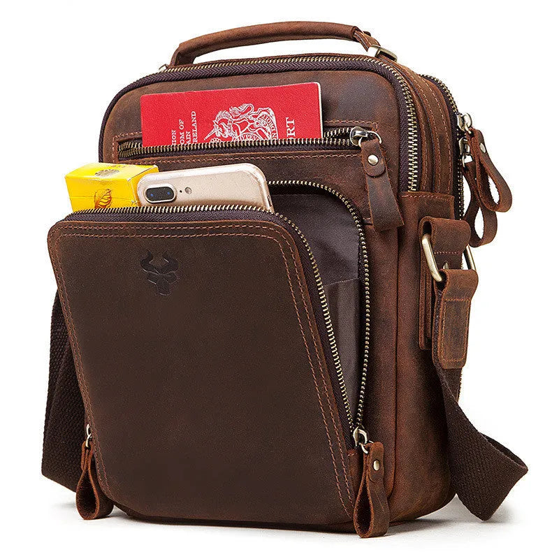 Men's brown crazy horse leather crossbody bag with single shoulder strap and sewing line details