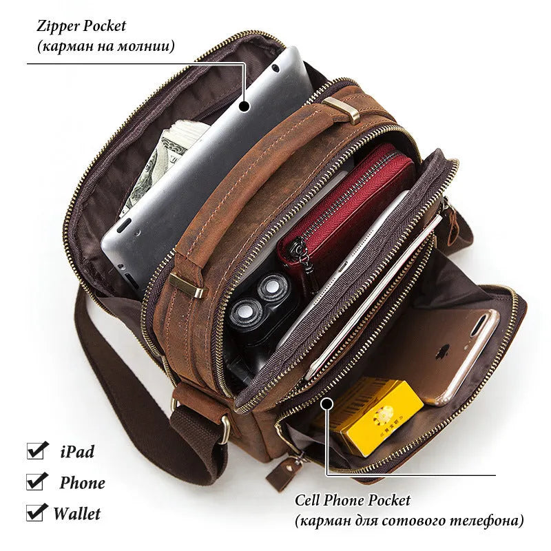 Men's brown crazy horse leather crossbody bag with single shoulder strap and sewing line details