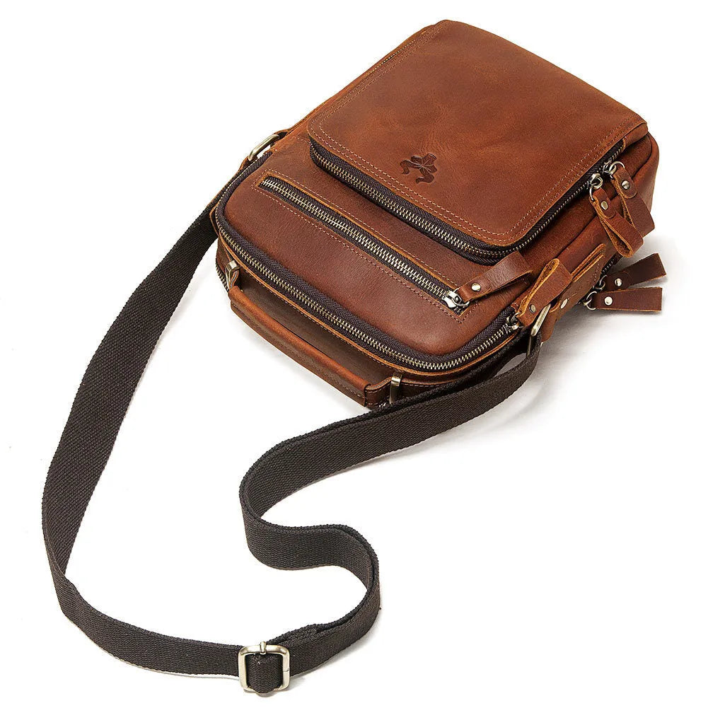 Men's brown crazy horse leather crossbody bag with single shoulder strap and sewing line details