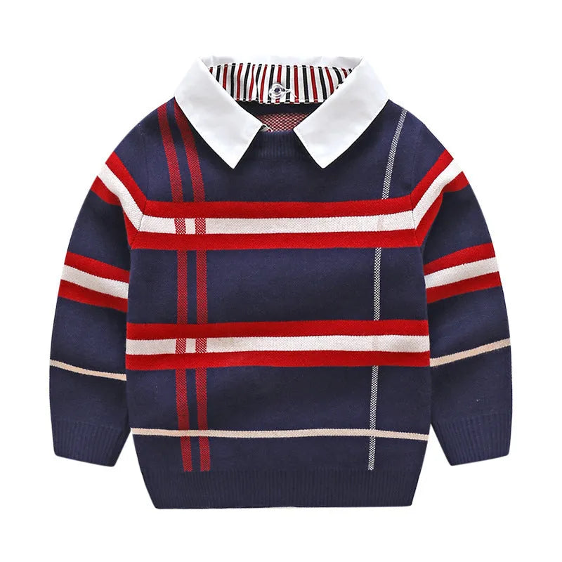 Boys plaid jacquard sweater in apricot colour with long sleeves and pullover design