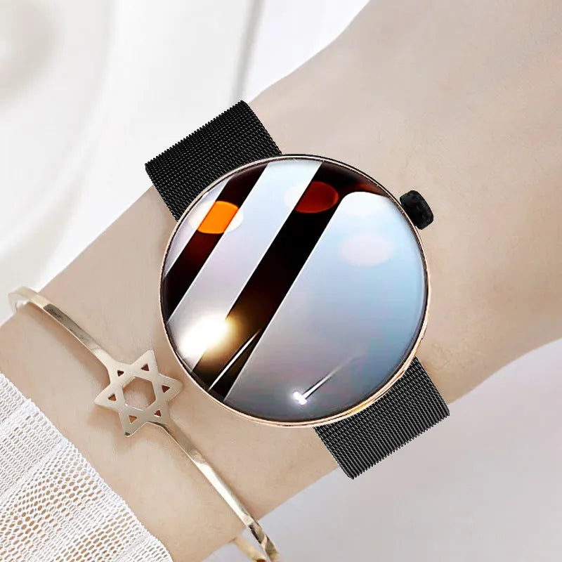 Women's smart watch with circular colour screen, metal strap, and aluminium alloy case