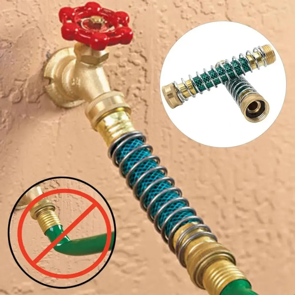Brass garden hose connector with a visible metal spiral spring and 3/4 inch threaded connections.