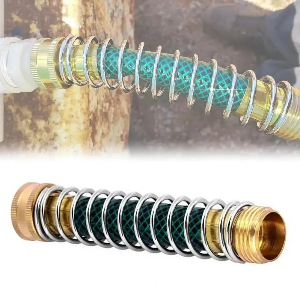 Brass garden hose connector with a visible metal spiral spring and 3/4 inch threaded connections.