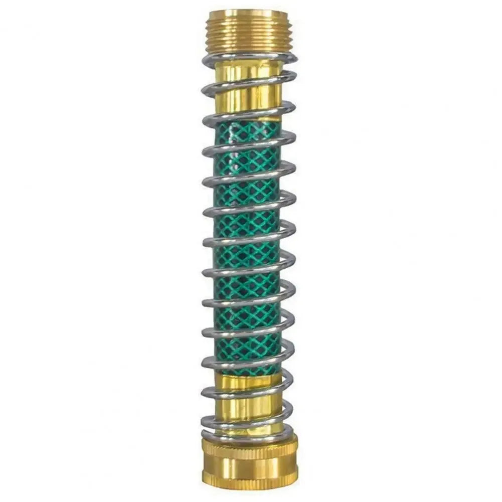 Brass garden hose connector with a visible metal spiral spring and 3/4 inch threaded connections.