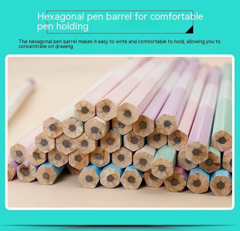 Barrel of 50 wooden Basswood thermal transfer pencils with six-sided shape and HB graphite.