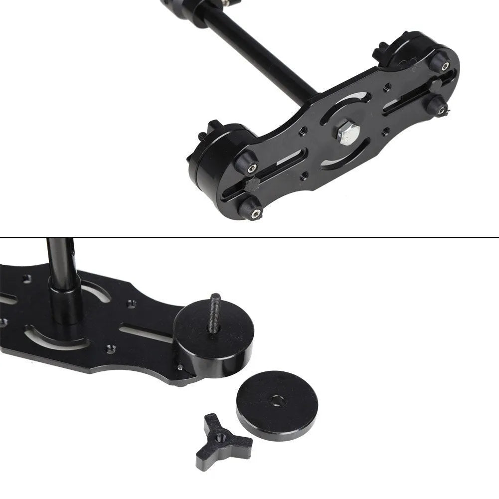 Black aluminium alloy handheld camera stabiliser with adjustable height, shown with a camera attached.