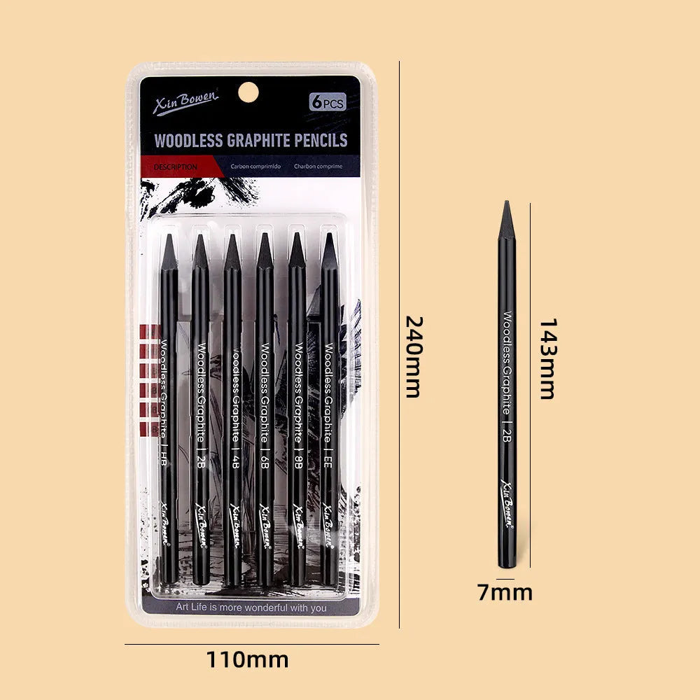Set of six wood-free graphite sketching pencils with grades HB, 2B, 4B, 6B, 8B, and EE.