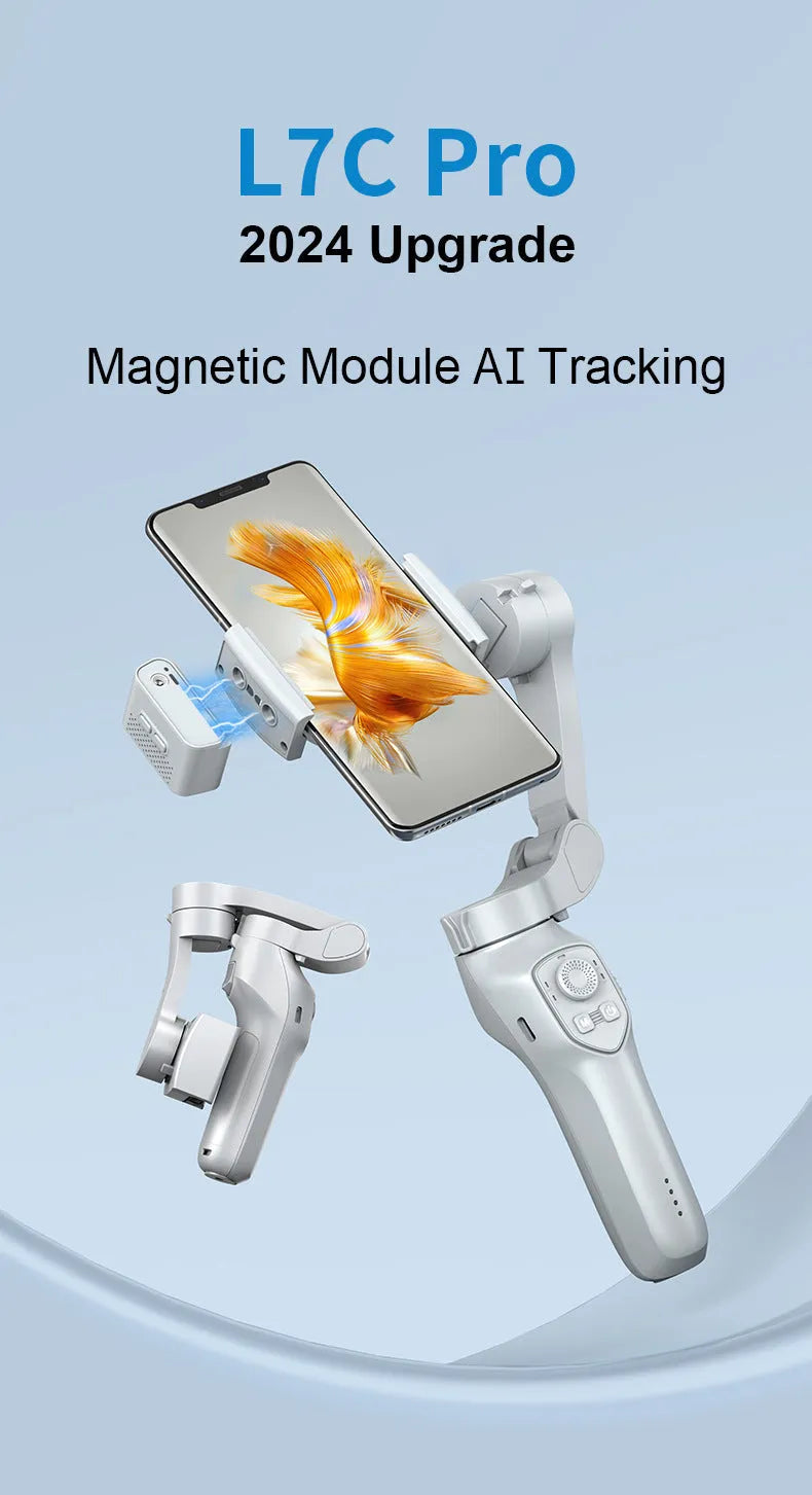 New foldable handheld stabiliser in silver grey for mobile phone with Type-C cable and manual