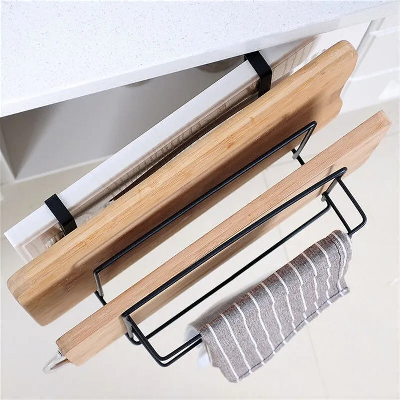 Double layer iron kitchen rack in black or white for hanging towels, chopping boards, and cloths without nails or drilling