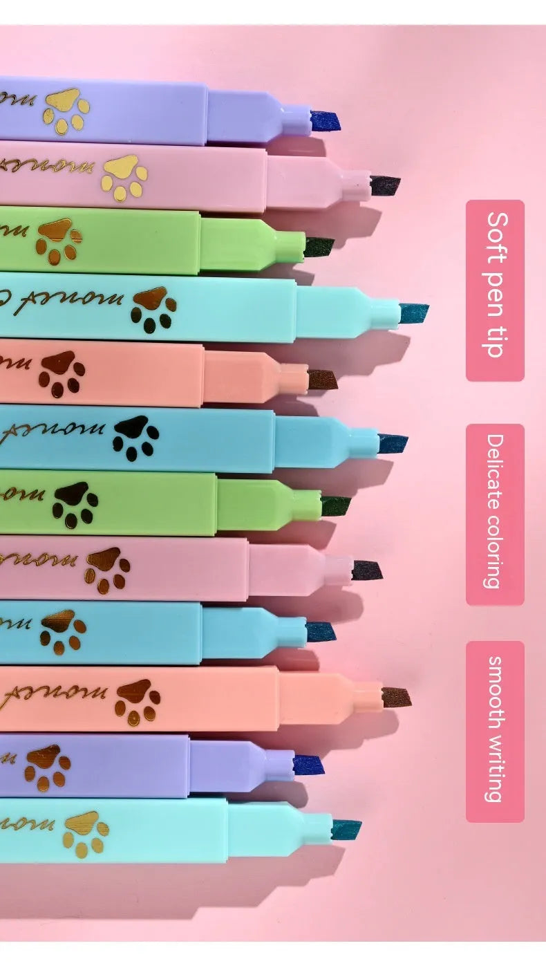 Cat's Paw set of six fluorescent marking pens with oblique heads in assorted colours.