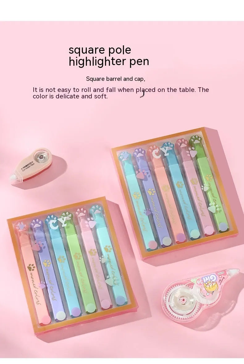 Cat's Paw set of six fluorescent marking pens with oblique heads in assorted colours.