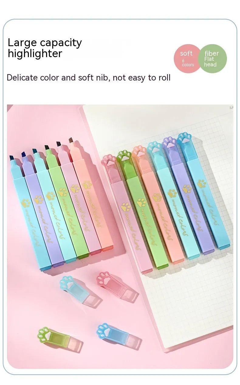 Cat's Paw set of six fluorescent marking pens with oblique heads in assorted colours.
