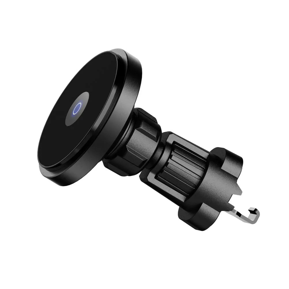 Circular aluminium alloy car wireless charging bracket mounted on air vent with phone charging