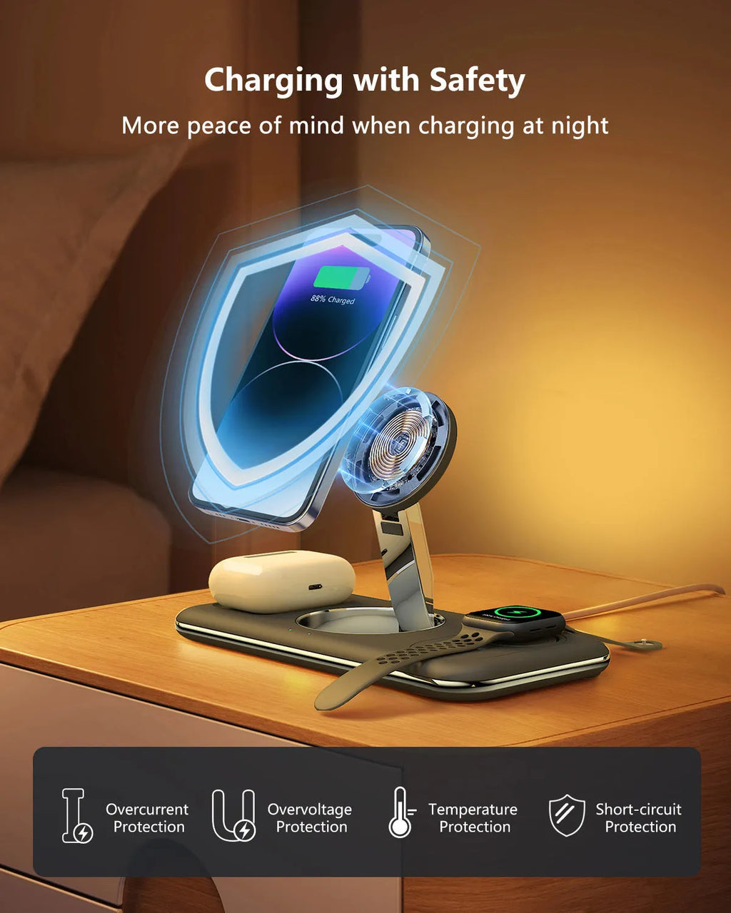 Folding magnetic wireless charger desktop bracket in white or black, 3-in-1, Type-C input, V18 universal