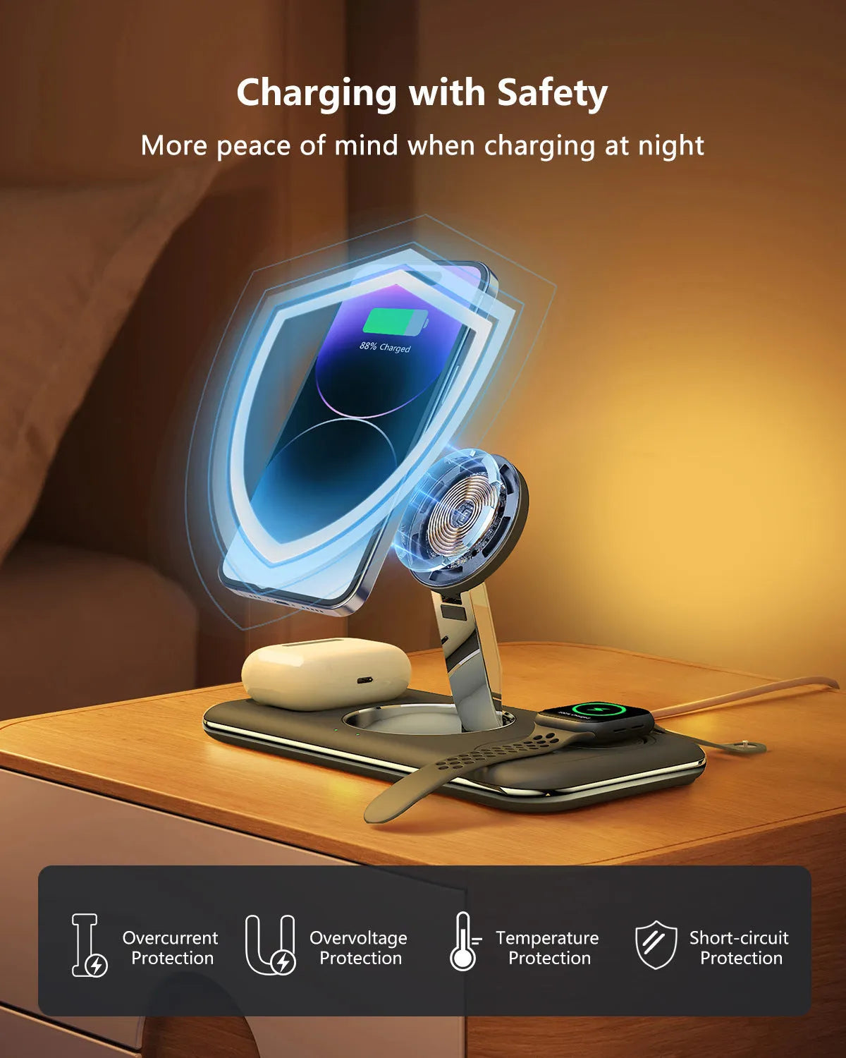 Folding magnetic wireless charger desktop bracket in white or black, 3-in-1, Type-C input, V18 universal