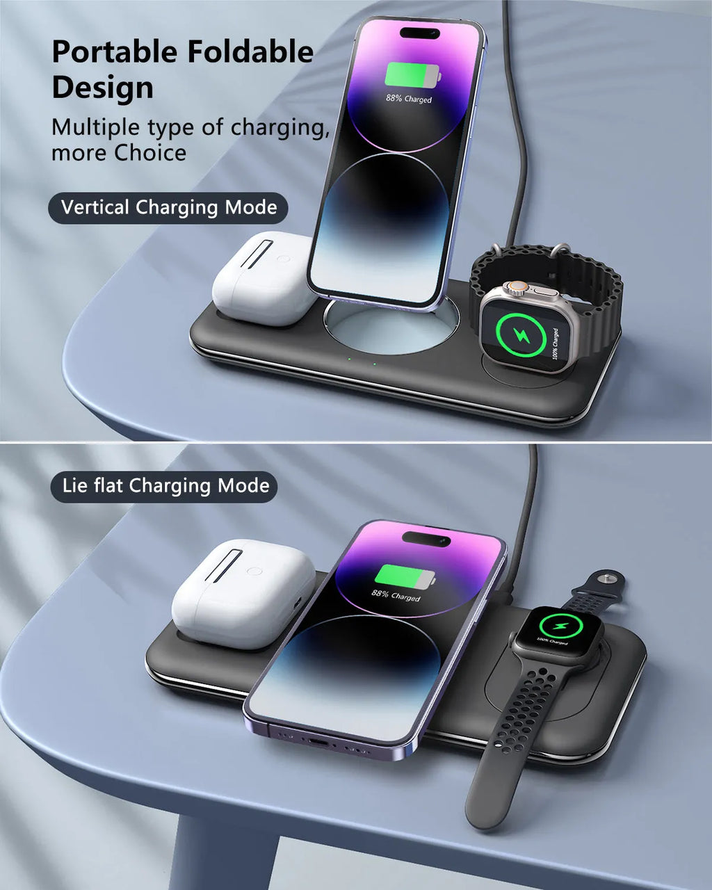 Folding magnetic wireless charger desktop bracket in white or black, 3-in-1, Type-C input, V18 universal
