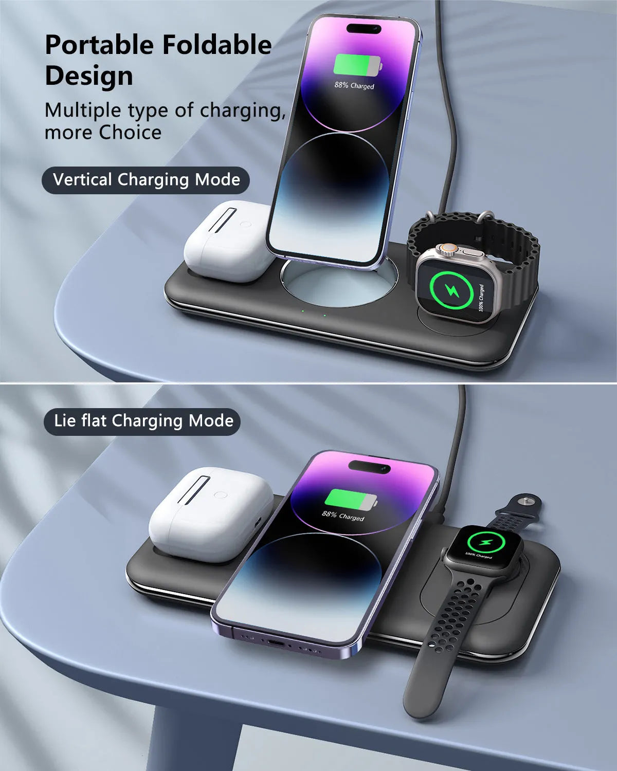 Folding magnetic wireless charger desktop bracket in white or black, 3-in-1, Type-C input, V18 universal