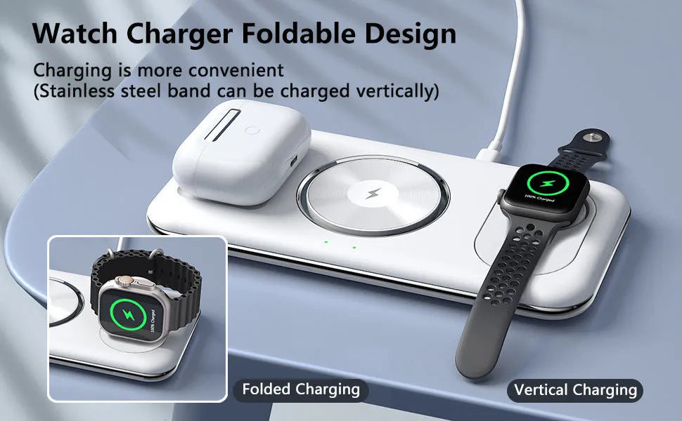 Folding magnetic wireless charger desktop bracket in white or black, 3-in-1, Type-C input, V18 universal