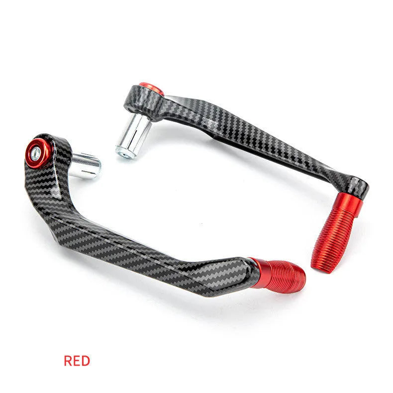 A pair of motorcycle hand guard accessories in aluminium alloy with a water transfer printing finish.