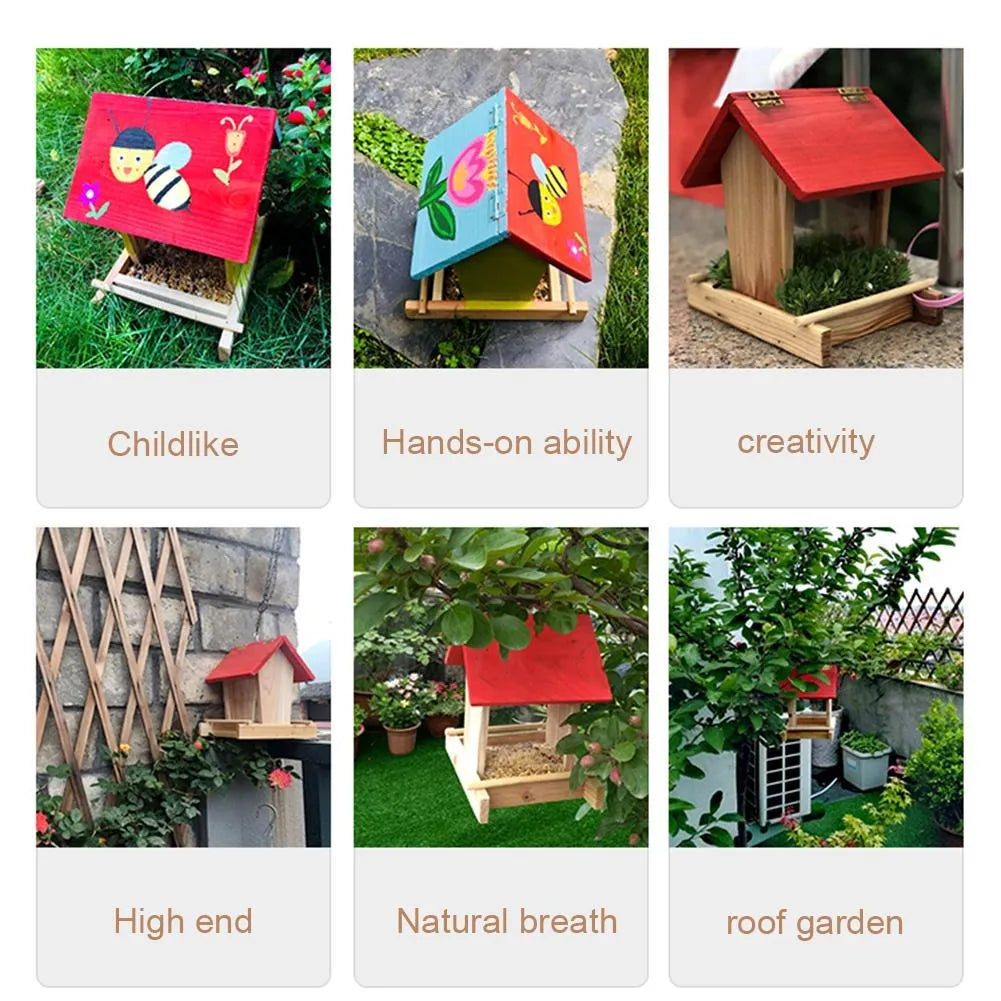 Suspended rain-proof bird feeder with red roof and log texture design