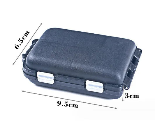 Black plastic fishing tackle box with 10 internal compartments for small hooks and gear.
