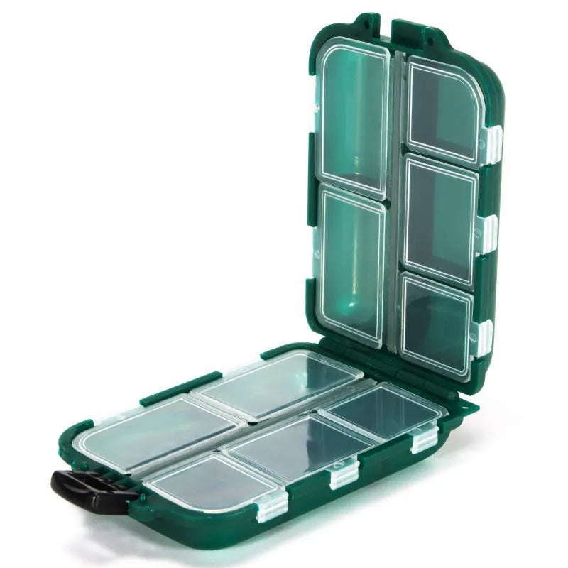 Black plastic fishing tackle box with 10 internal compartments for small hooks and gear.