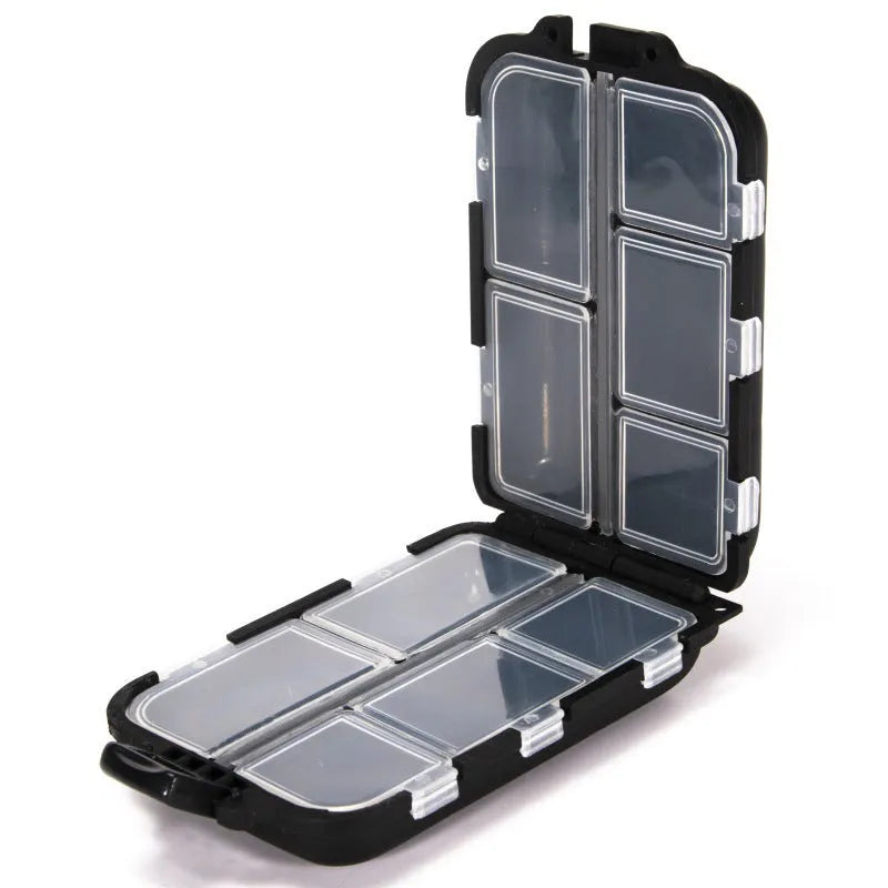 Black plastic fishing tackle box with 10 internal compartments for small hooks and gear.