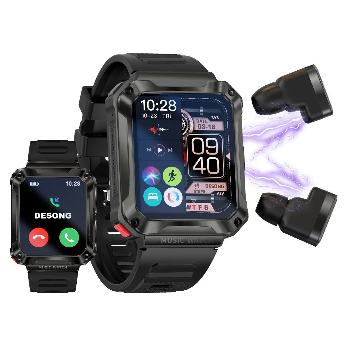 V60 smart watch with black silicone strap showing 1.39-inch TFT screen and heart rate monitoring display