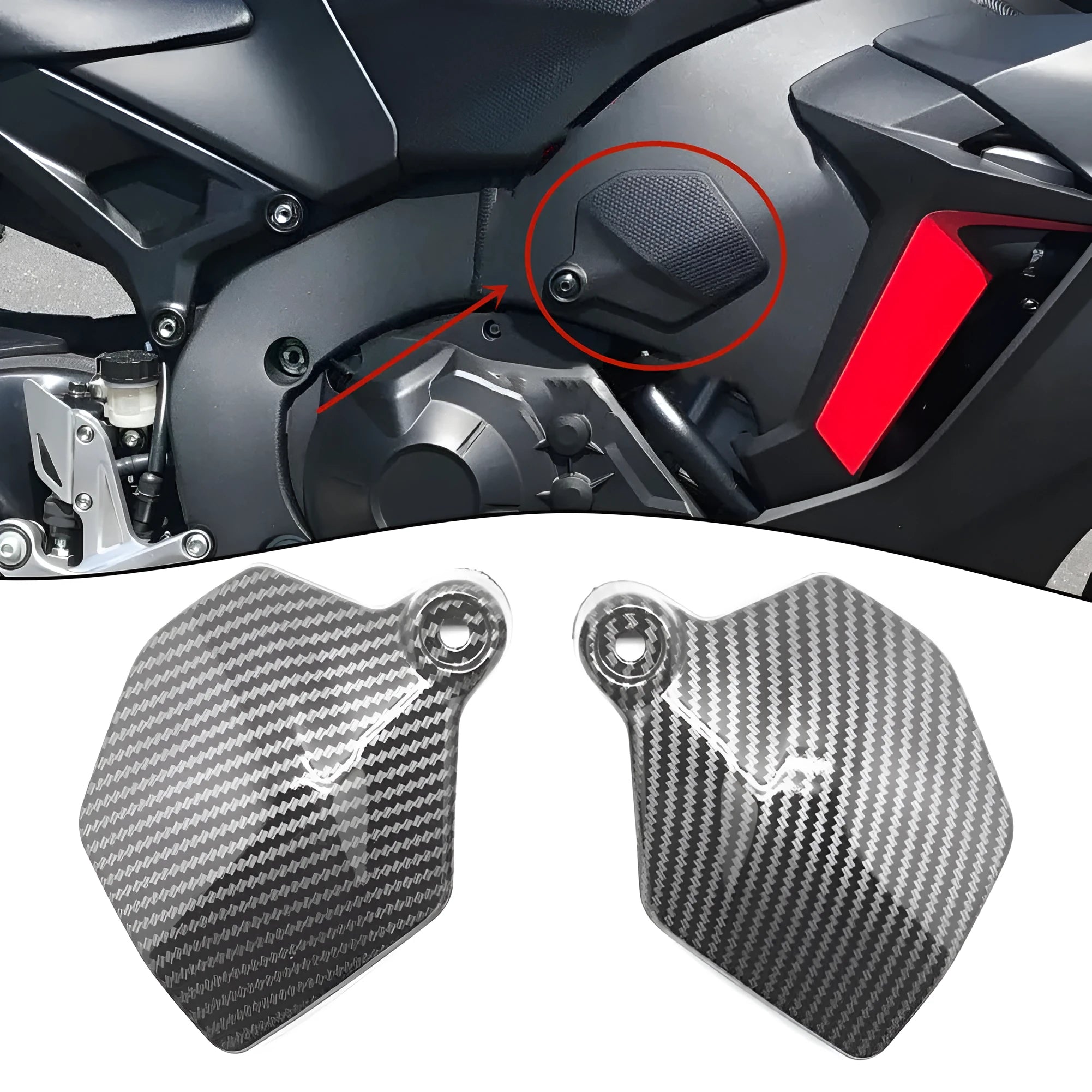 Pair of black carbon fibre patterned motorcycle fairing frame covers for Honda CBR1000RR.