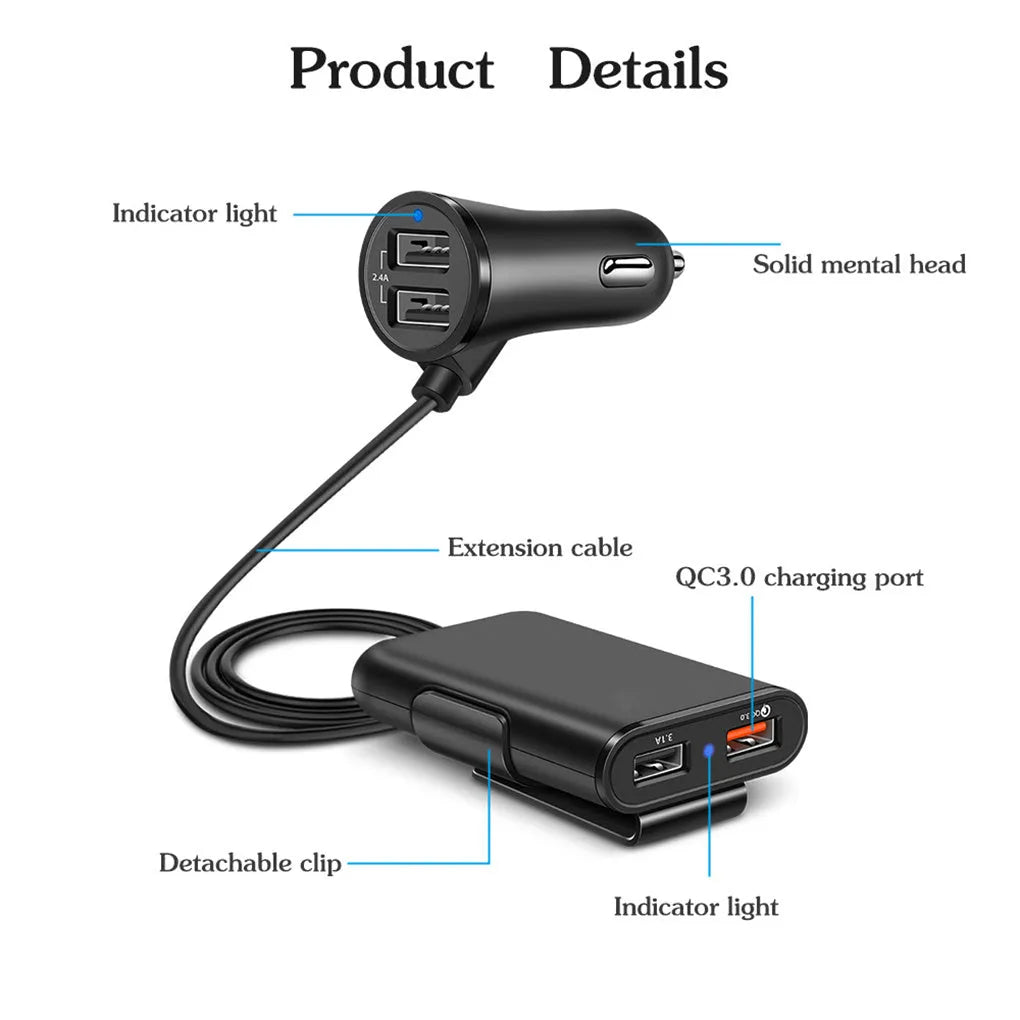 Fast charge car charger in black with blue LED light and white LED on extender