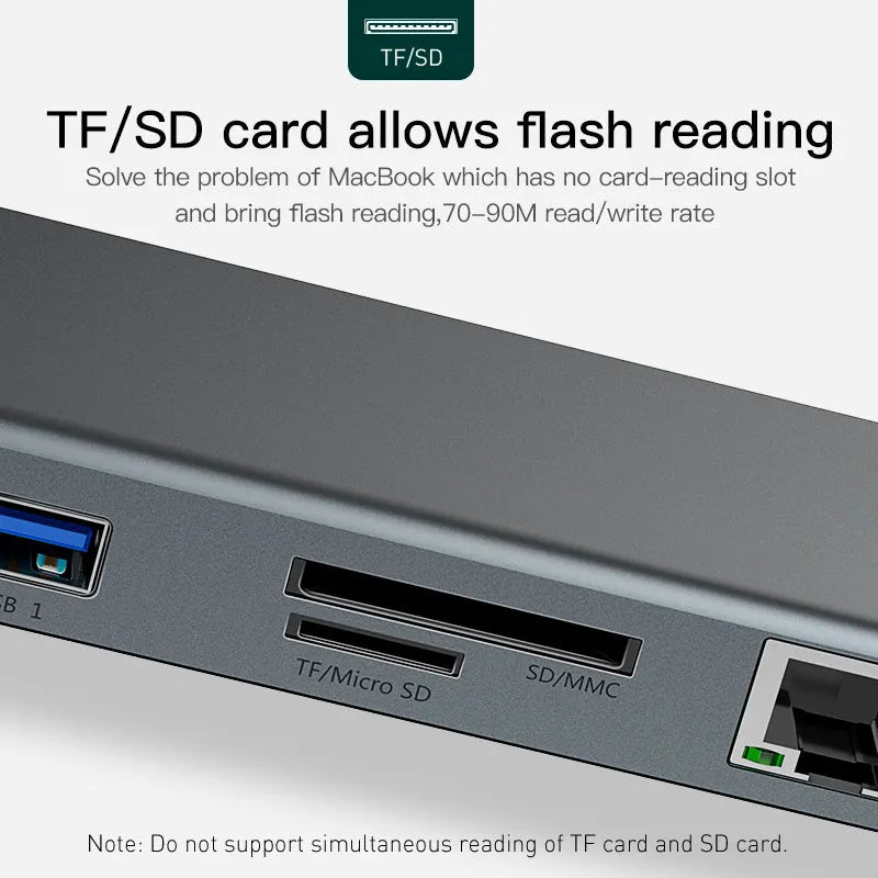 Ten-port aluminium docking station with cooling bracket showing HDMI, VGA, and Ethernet ports