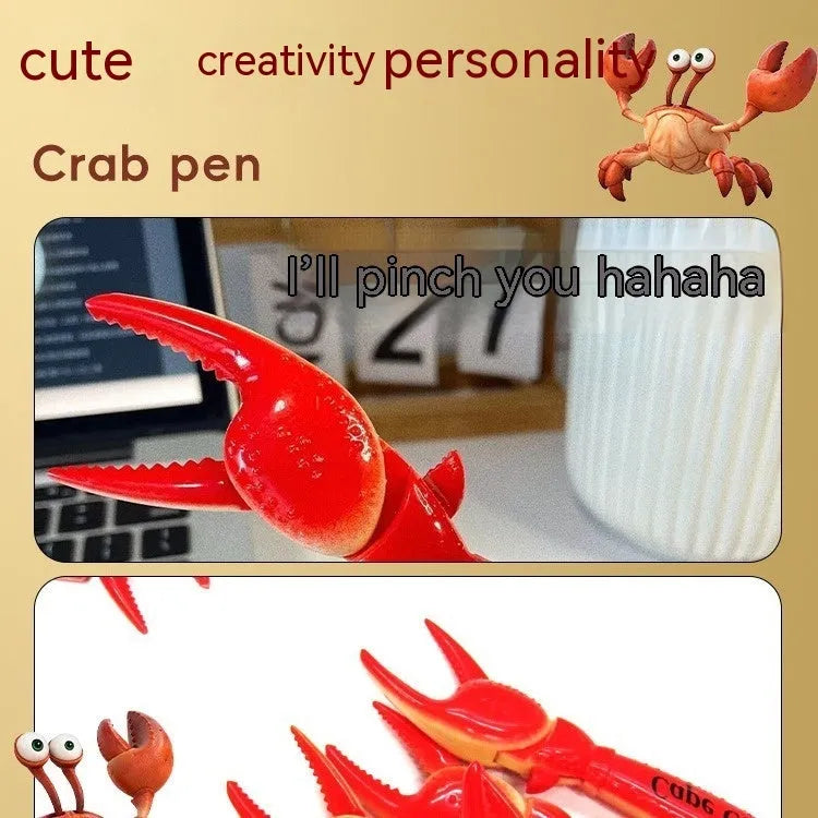 Pressing can clip novelty ballpoint pen with crab design, shown singly and in a five-pack.
