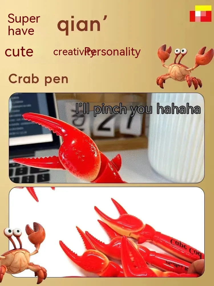 Pressing can clip novelty ballpoint pen with crab design, shown singly and in a five-pack.