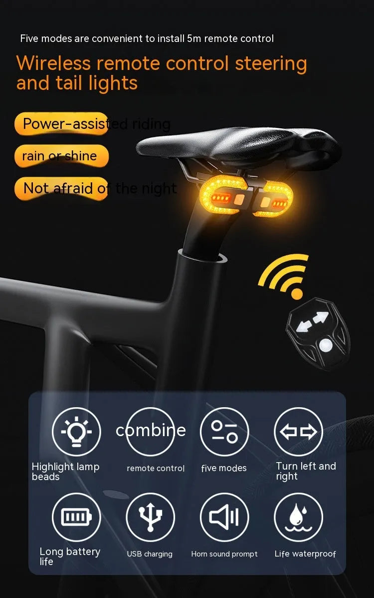 Black wireless remote control bicycle taillight with turn signals and USB charging cable