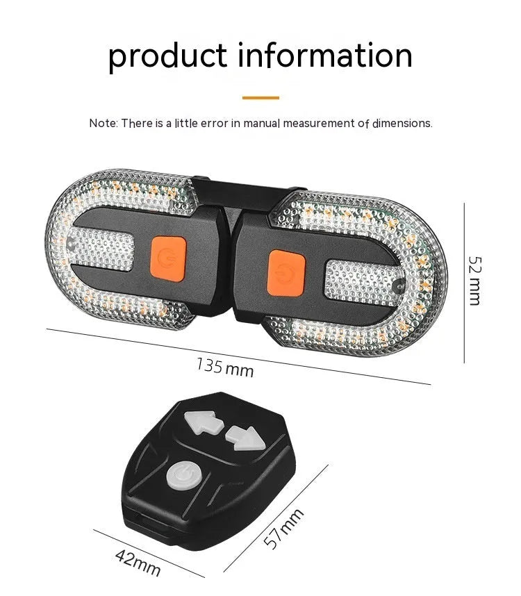 Black wireless remote control bicycle taillight with turn signals and USB charging cable