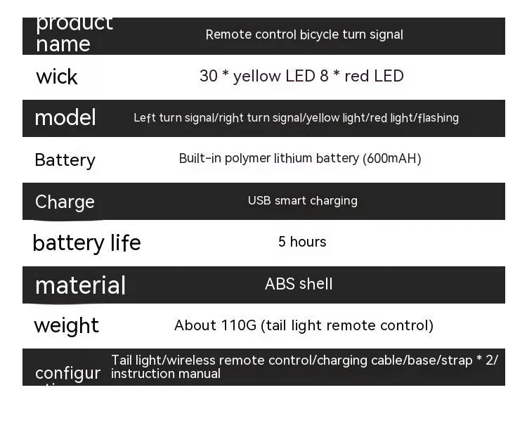Black wireless remote control bicycle taillight with turn signals and USB charging cable