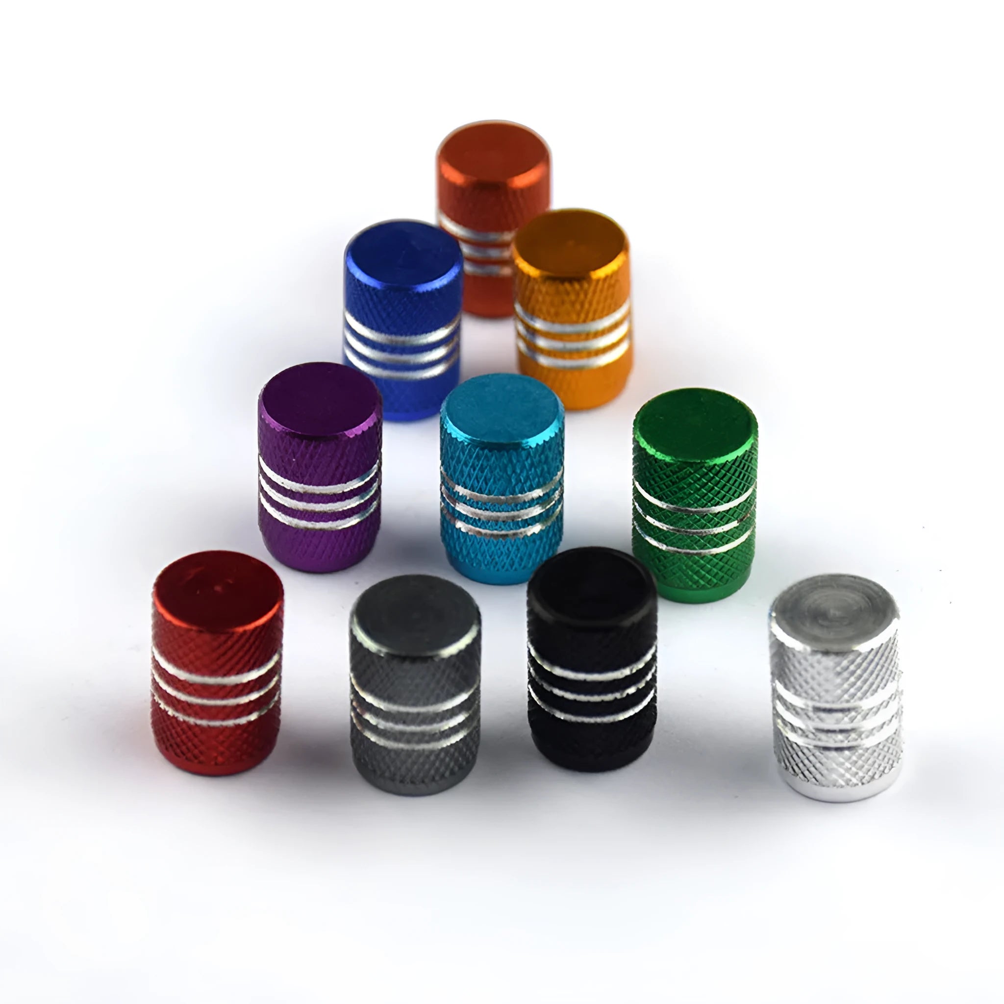 Set of aluminium alloy colour car tyre valve caps in various colours including red, blue, silver, and gold