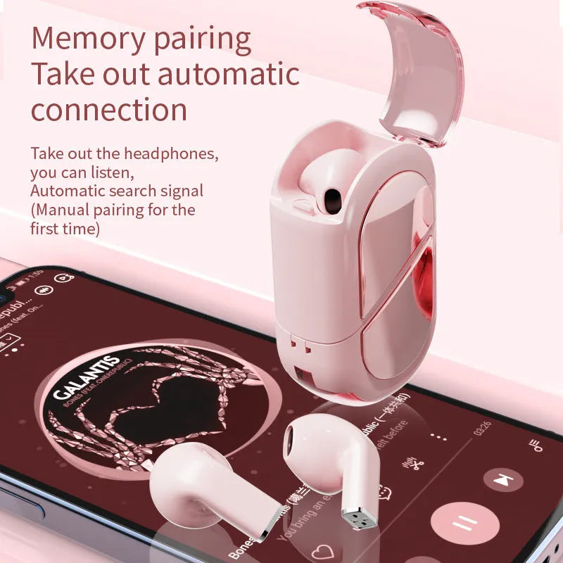Rotatable wireless Bluetooth earphones in black, white, and pink colour options showing adjustable earpiece design