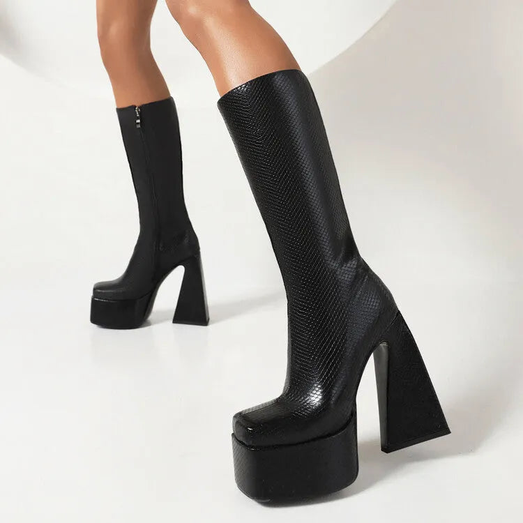 Women's black synthetic PU casual high boots shown alongside red, blue, white, and green colour options