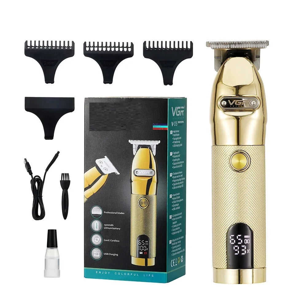 LCD digital display metal hair clipper in V-275 Gold with three limit combs and accessories