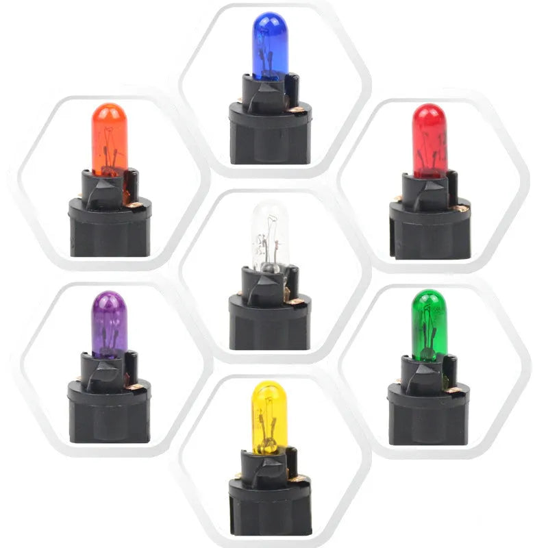 T5 12 volt 1.2 watt car indicator light bulb in red, blue, green, amber, yellow, and purple colours