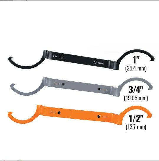 Orange, grey, and black magnetic suction wrenches laid out to show crescent, catheter locking, and standard spanner types.