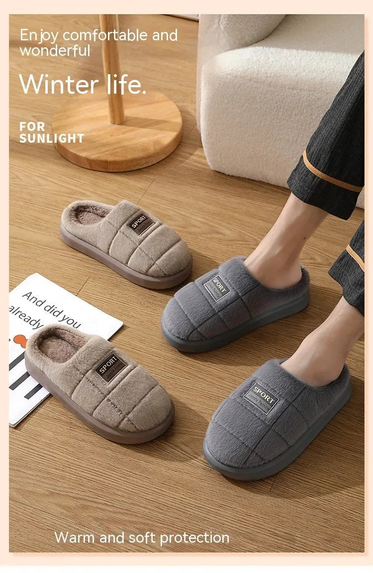 Grey and brown plaid men's winter slippers with thick EVA sole and wool lining.