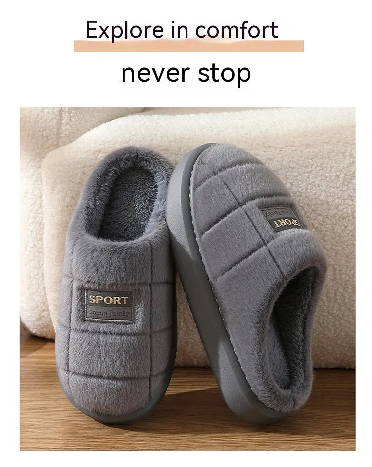Grey and brown plaid men's winter slippers with thick EVA sole and wool lining.