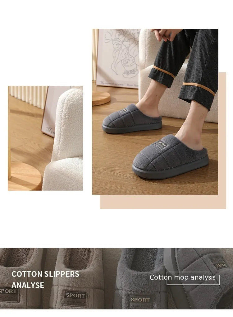 Grey and brown plaid men's winter slippers with thick EVA sole and wool lining.