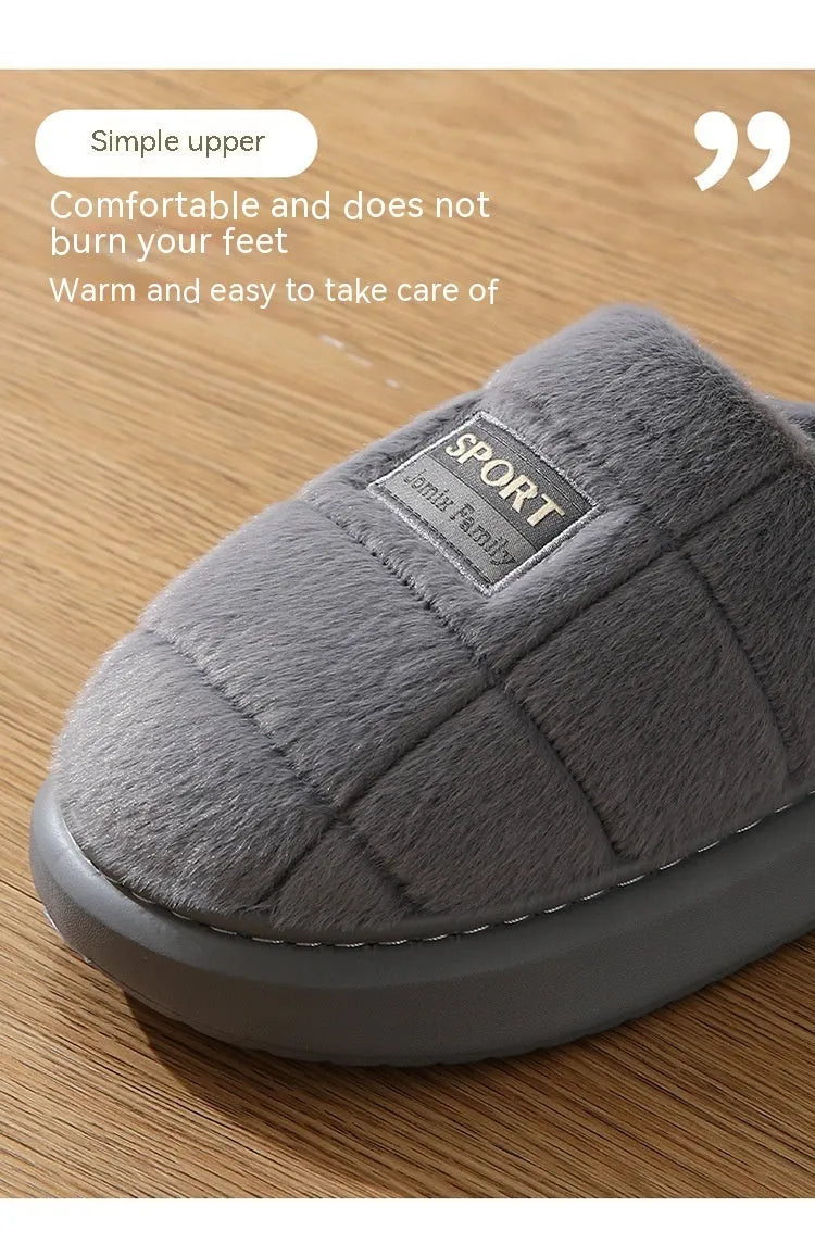 Grey and brown plaid men's winter slippers with thick EVA sole and wool lining.